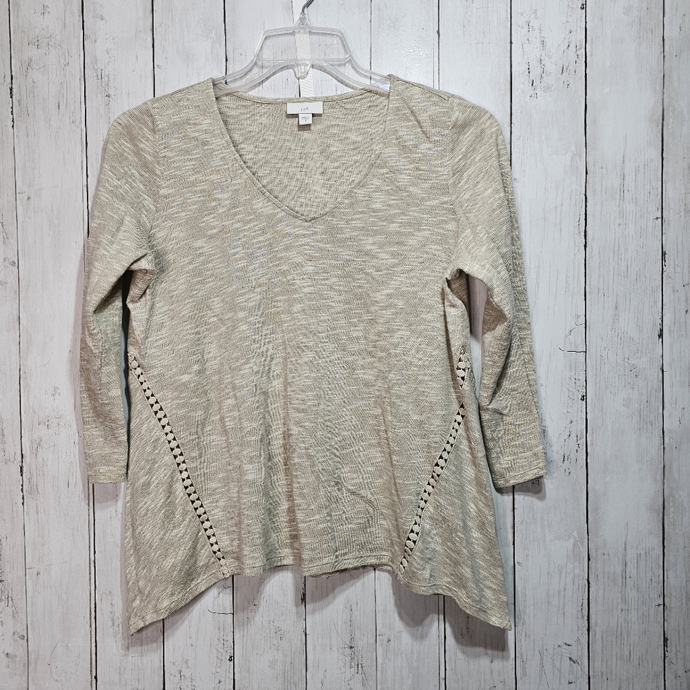 J. JILL Womens Tan Linen Cotton Knit Blend ¾ Sleeve Shirt Size Small Lace Accent